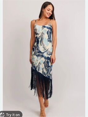 Aakaa Blue Marble Slip Midi Dress with Fringe Hem